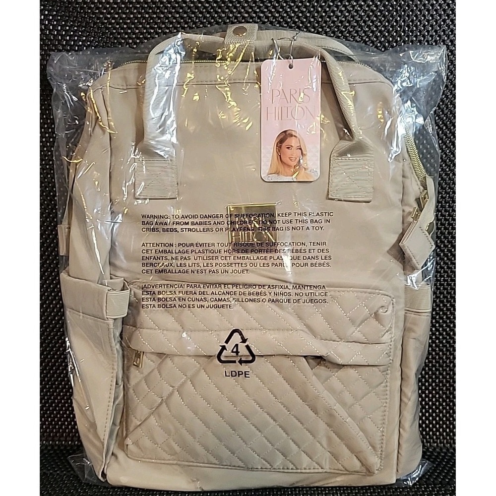 Paris Hilton Travel Laptop Bag Backpack Beige Quilted Womens NWT